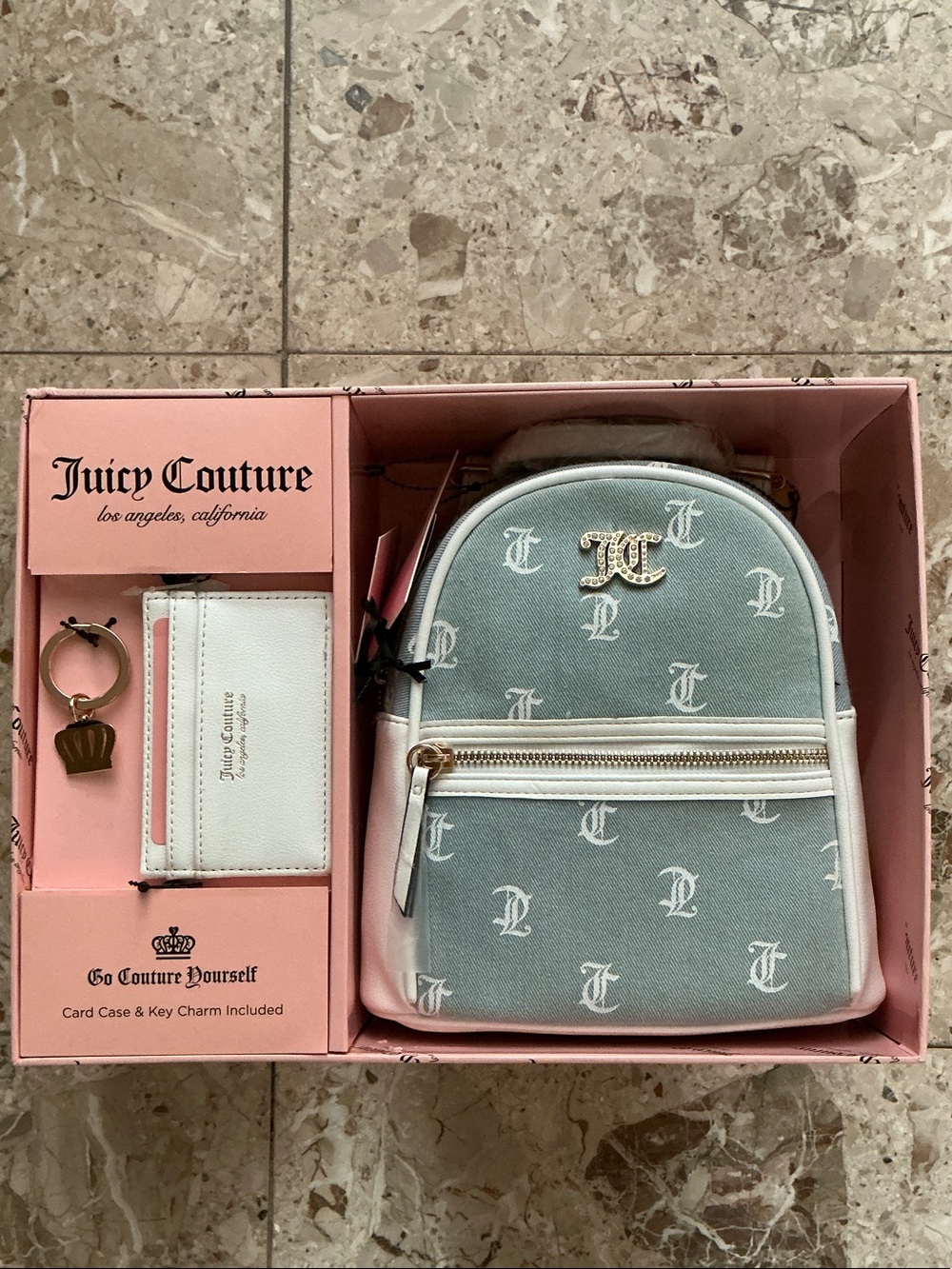 Juicy Couture mini Jean backpack purse set with card holder, new